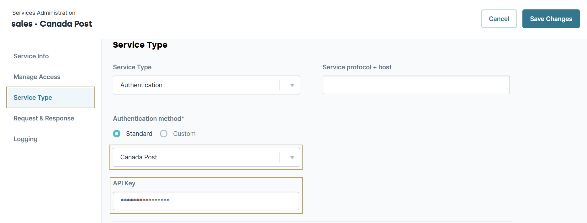 A static image displaying the Service Info page of a newly created Canada Post service. The Authentication method drop down and API Key fields are highlighted.