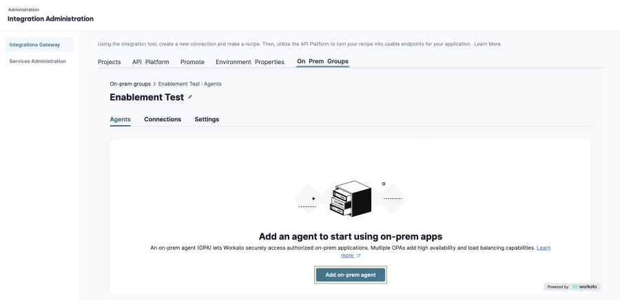 A static image displaying the Add On-Prem Agent button to create an On-Prem Agent in your On-Prem Group.