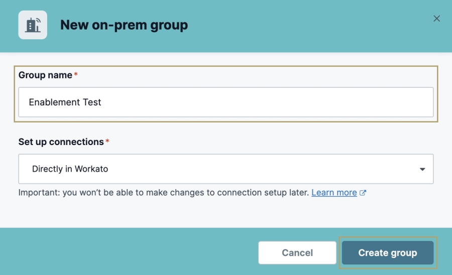 A static image displaying the New On-Prem Group modal to create an On-Prem Group in the Integrations Gateway.