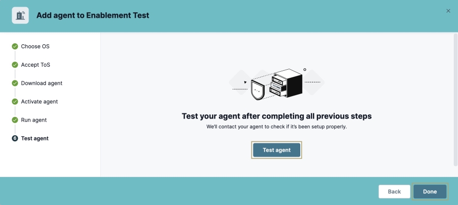 A static image displaying the final test step of the process to ensure your On-Prem Agent was successfully installed, activated, and running.