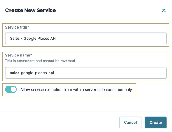 A static image displaying the Create New Service modal, the Service Title, Service Name, and Allow service execution features are highlighted.