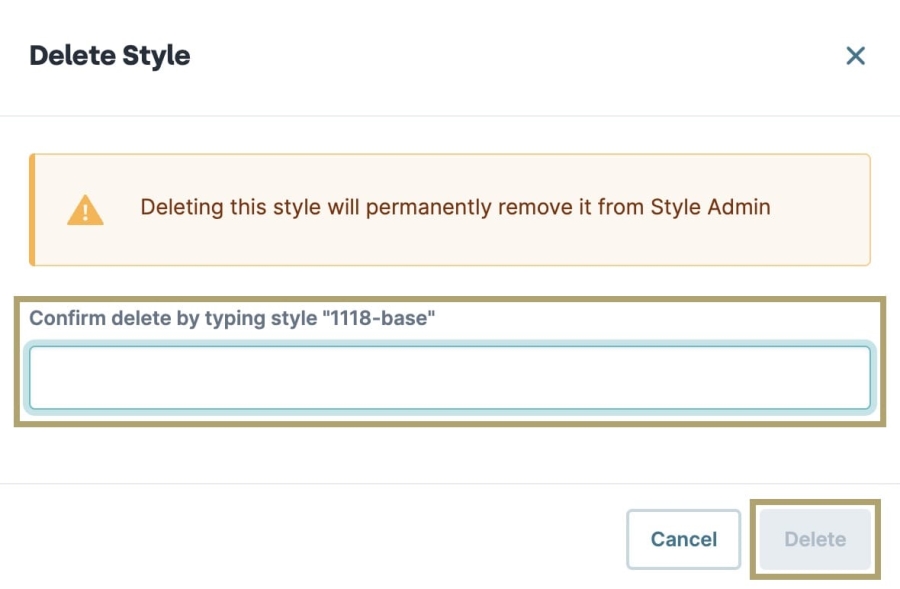 A static image displaying how to confirm deletion of the style.