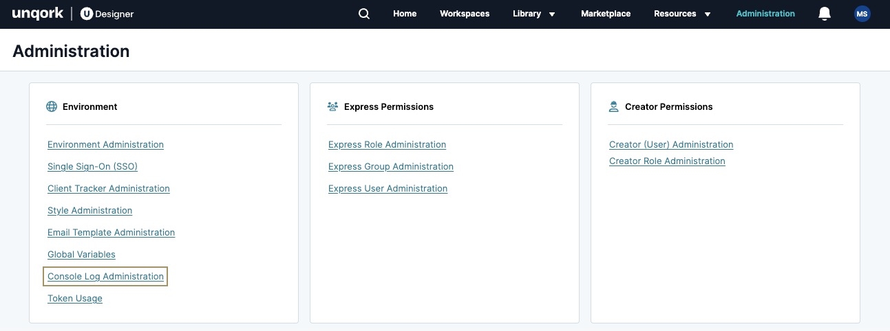A static image displaying the Administration page. The Console Log Administration link is highlighted.