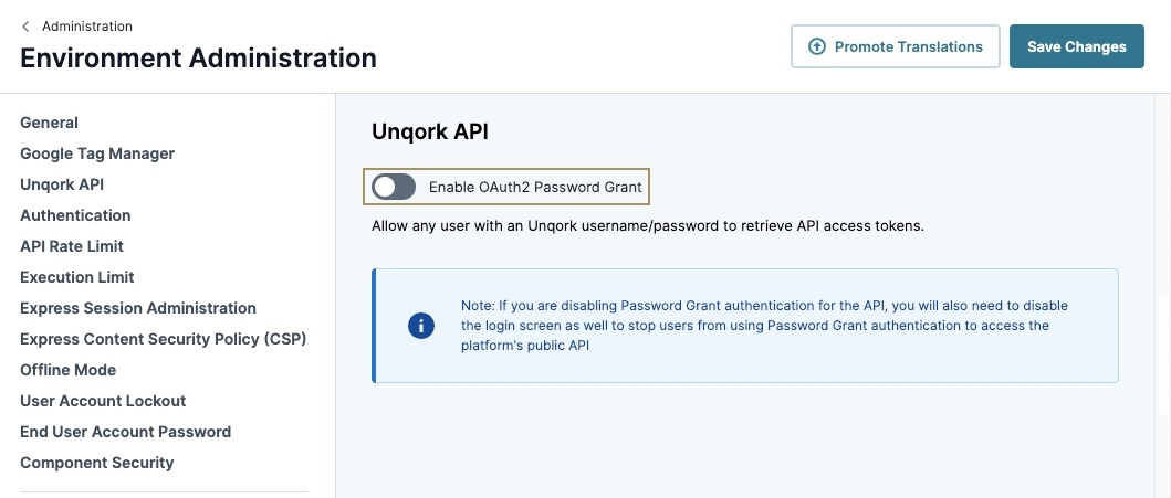 A static image displaying the unselected Enable OAuth2 Password Grant setting in the Environment Administration.