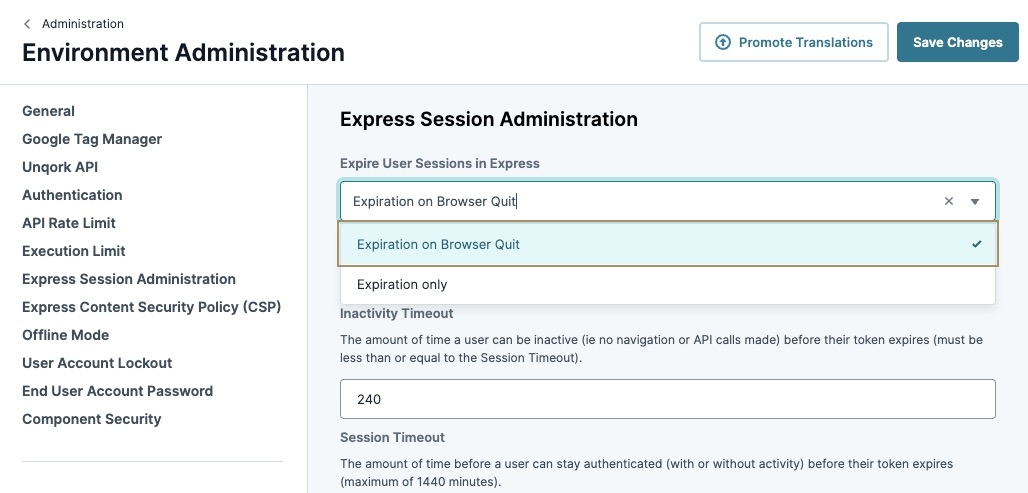 A static image displaying the selection of the Eexpieration on Browser Quit option in the Environment Administration.