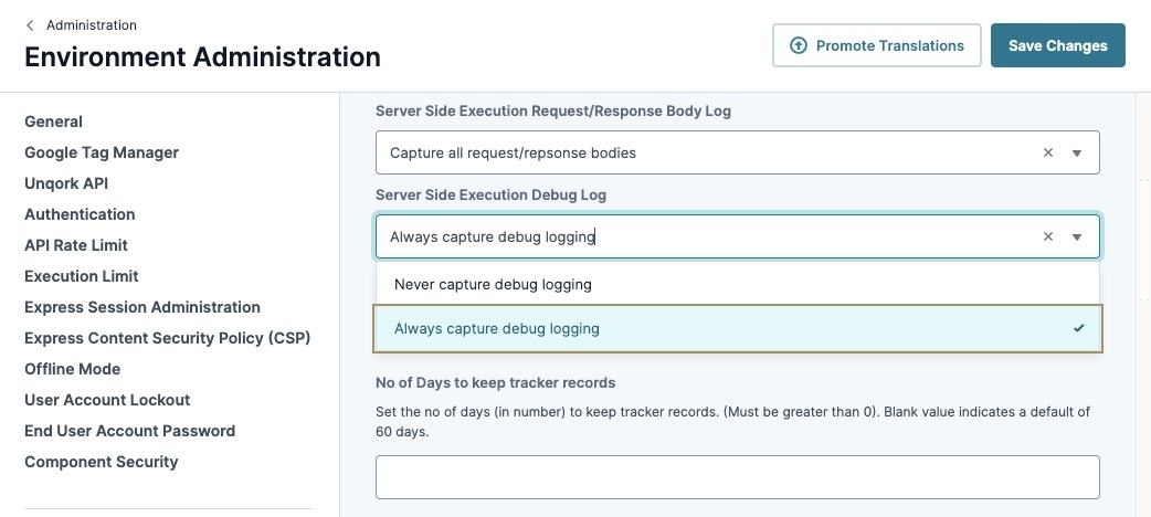 A static image displaying the selection of the Never Capture Debug Logging option in the Environment Administration.