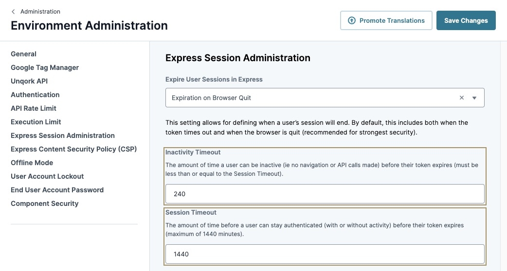 A static image displaying the Inactivity Timeout and Session Timeout settings in the Environment Administration.