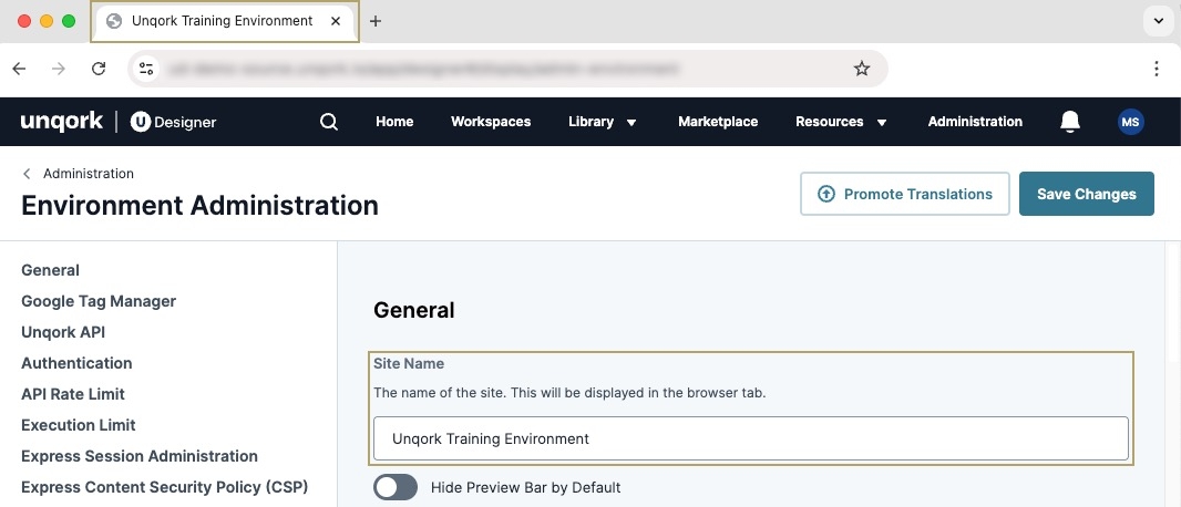 A static image displaying the Site Name field and the result on the browser tab.