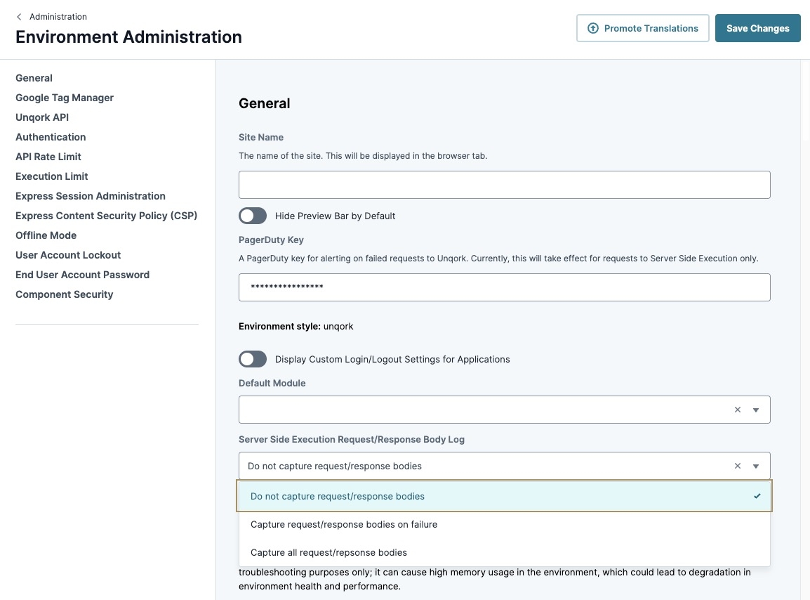 A static image displaying the selectiong of the Do Not Capture Request/Response Bodies option in the Environment Administration.