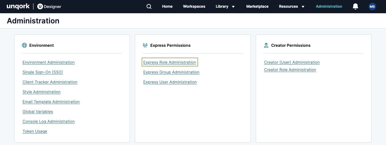 A static image displaying the Administration page with the Express Role Administration link highlighted.