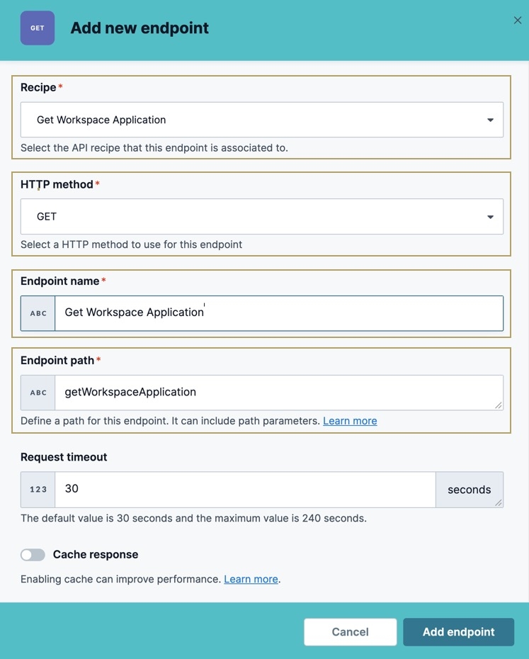 A static image displaying the Add New Endpoint modal with it's completed fields to get a workspace application  in Unqork.