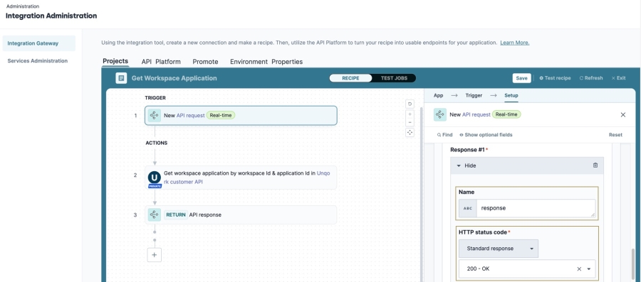 A static image displaying the first step's API Response settings. The Name and HTTP Status Code fields are filled out.