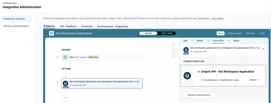 A static image displaying the second step's Connection settings, the Unqork API Access Credentials are selected.