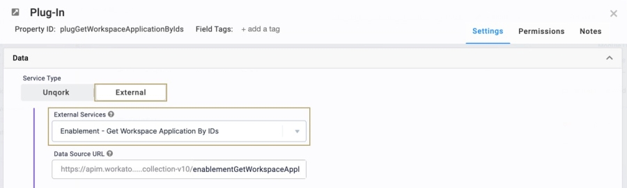 A static image displaying the Plug-In component's configuration window with the selected Get Workspace Application by eye dees endpoint.