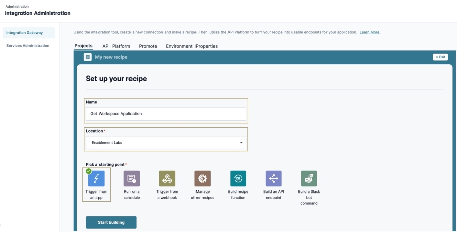 A static image displaying the creation of the Get Workspaces Application recipe.