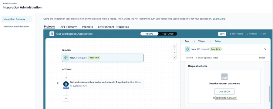 A static image displaying the first step's Setup settings. The Request Schema section displays and the add fields manually link is highlighted.