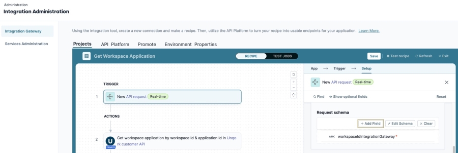 A static image displaying the first step's setup settings, the Schema Response's Add Field button is highlighted.