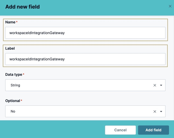 A static image displaying the first step's Setup settings. The Add New Field modal displays, the name and label fields are filled.