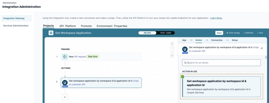 A static image displaying the second step's Action page, the Get Workspace Application Endpoint is selected.