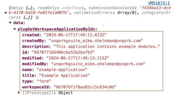 A static image displaying the submission data. The Plugin data displays the fields set by the Integration Administration endpoint.