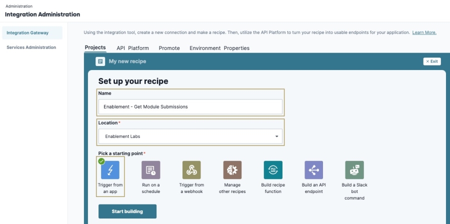 A static image displaying the creation of the Get Workspaces Application recipe.