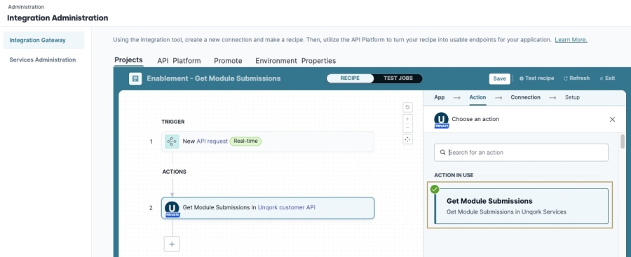 A static image displaying the second step's Action page, the Get Module Submissions Endpoint is selected.