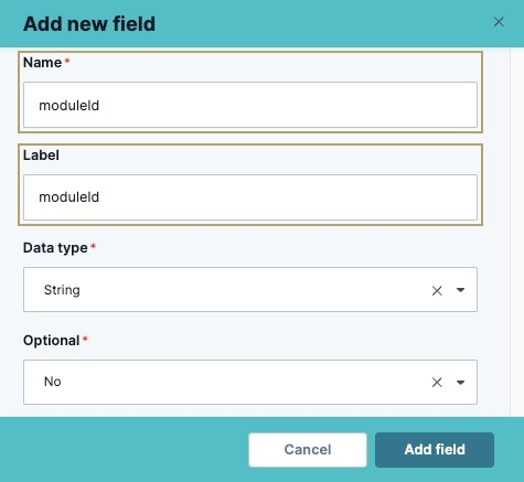 A static image displaying the first step's Setup settings. The Add New Field modal displays, the name and label fields are filled.