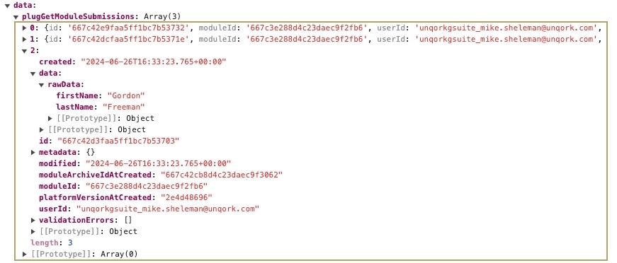 A static image displaying the submission data. The Plugin data displays the fields set by the Integration Administration endpoint.