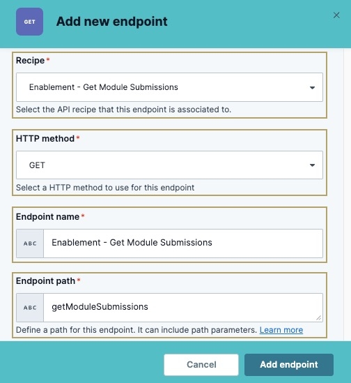 A static image displaying the Add New Endpoint modal with it's completed fields to get a workspace application  in Unqork.