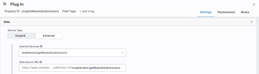 A static image displaying the Plug-In component's configuration window with the selected Get Module Submissions by eye dees endpoint.