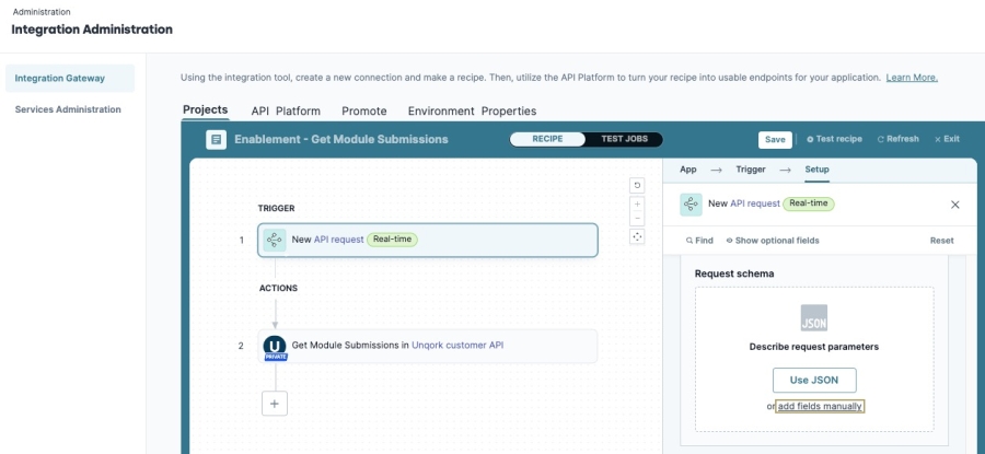 A static image displaying the first step's Setup settings. The Request Schema section displays and the add fields manually link is highlighted.