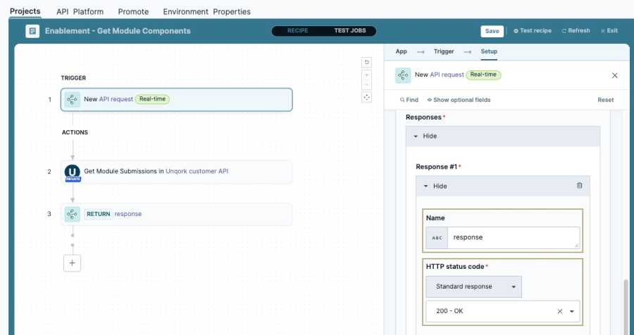 A static image displaying the first step's API Response settings. The Name and HTTP Status Code fields are filled out.