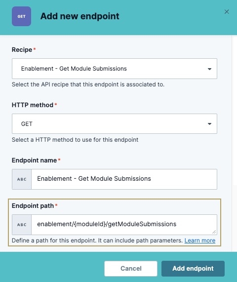 A static image displaying the Add New Endpoint modal. the Endpoint path contains a variable parameter.