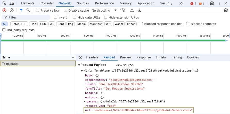 A static image displaying the DevTools network tab. The API Request is selected the the Payload displays the variable endpoint.