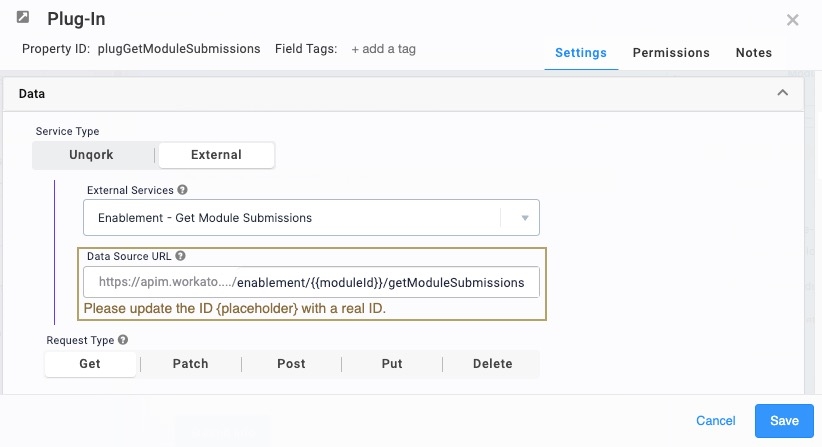 A static image displaying the Plug-In component's configuration window with the selected Get Module Submissions by eye dees endpoint.