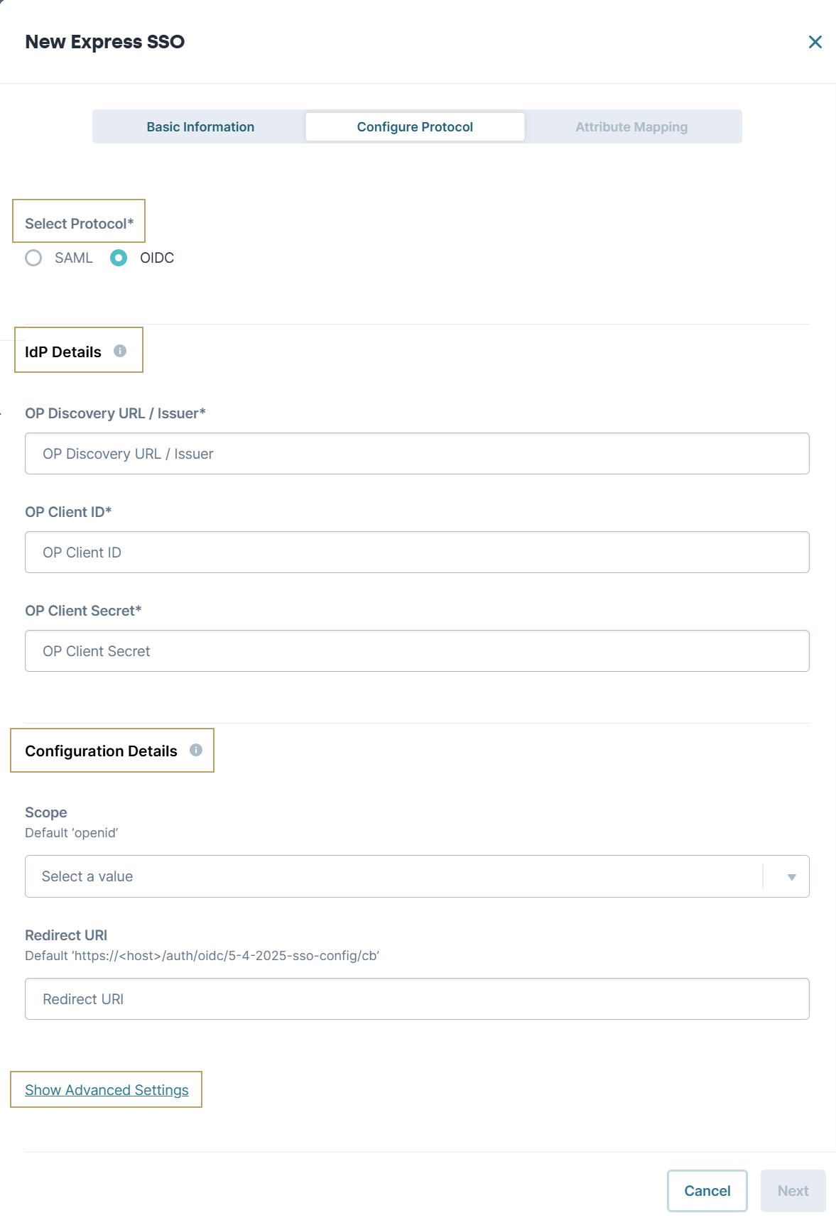 A static image showing a new Express SSO config page.