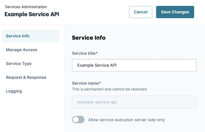A static image displaying a Service's Service Info settings.