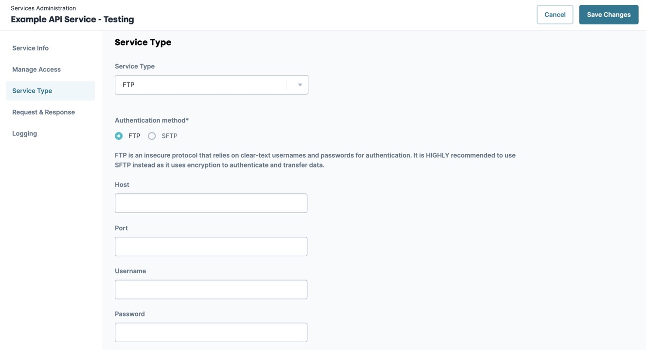 A static image displaying the Services Administration FTP Service Type.