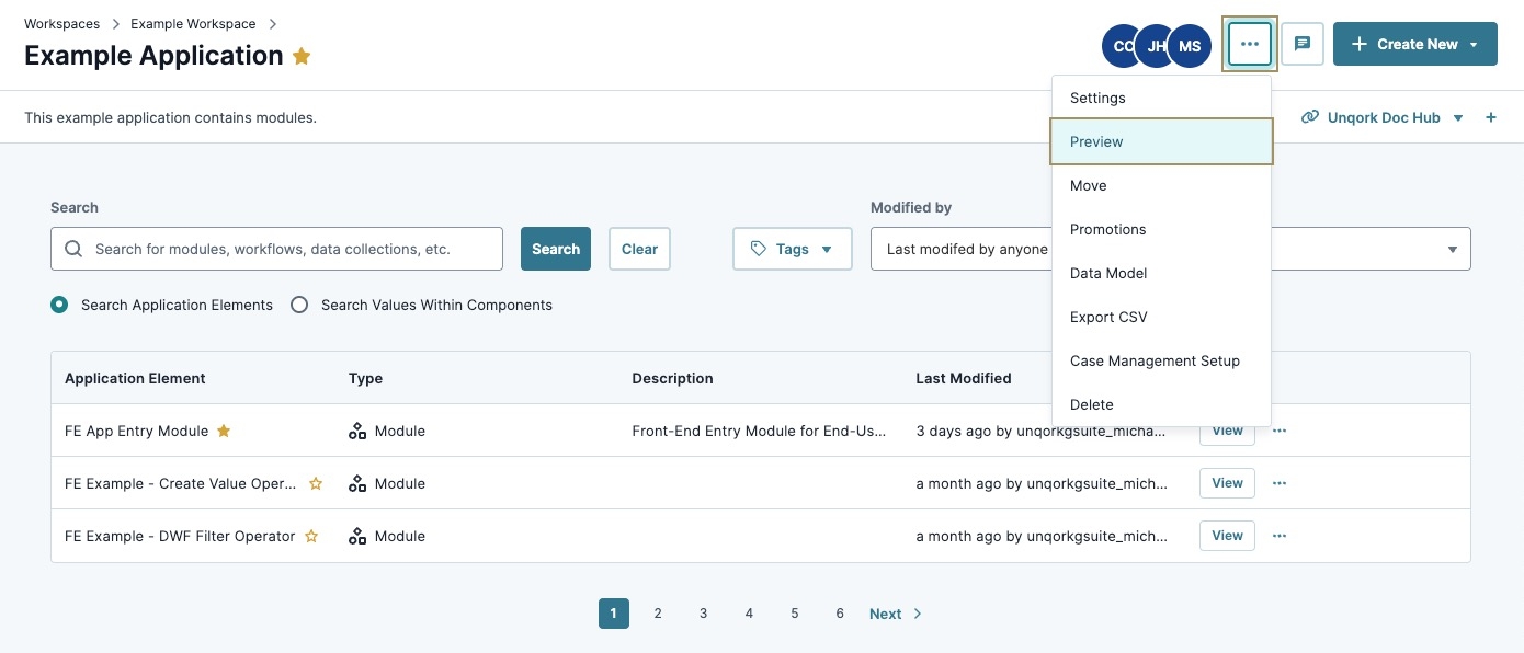 Image showing the Application Settings menu open on the application page.