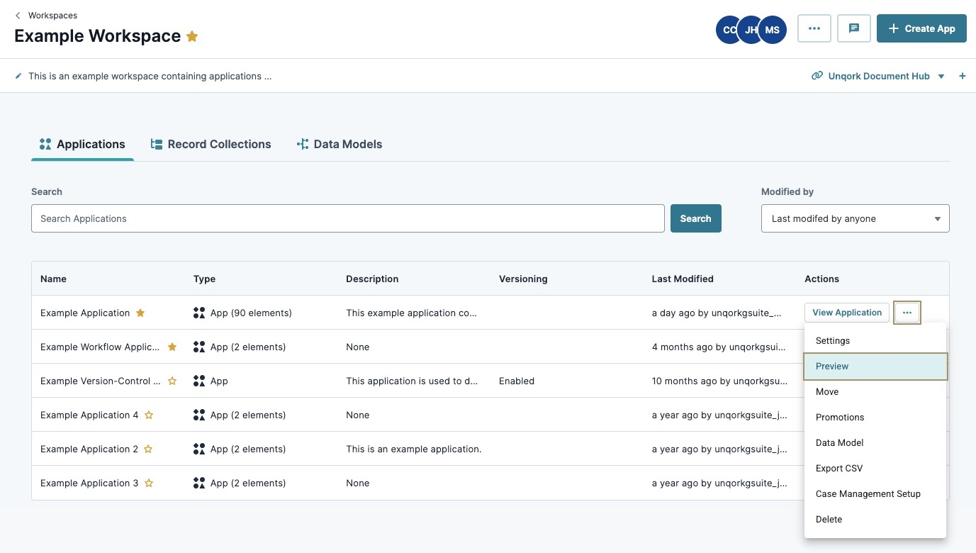 Image showing the Application Settings menu open on the workspaces page.