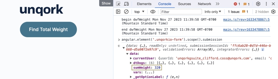 A static image displaying the data returned in the DevTools Console in Express View.