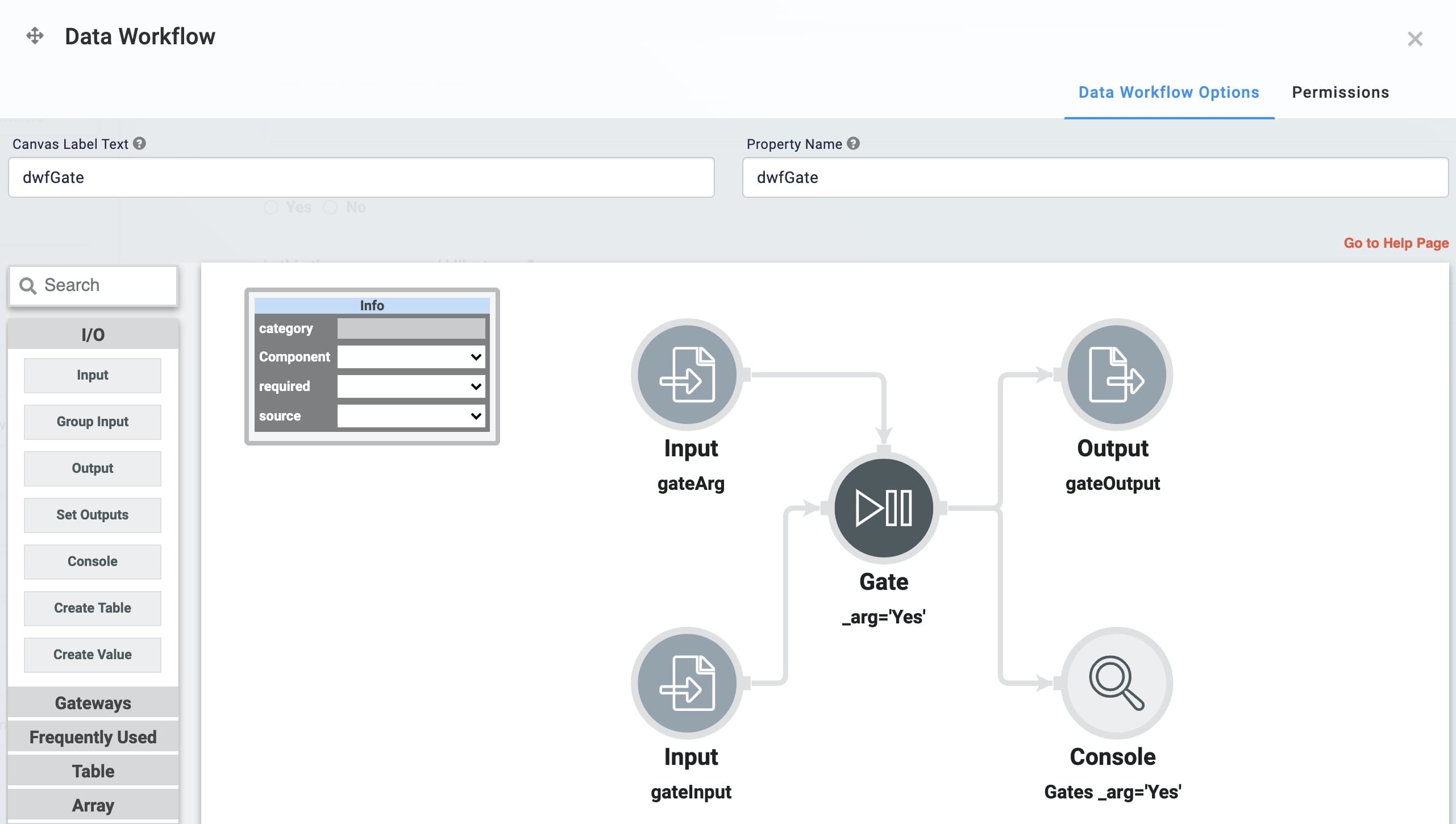 This is a static image of the final data workflow configuration using a gate operator.
