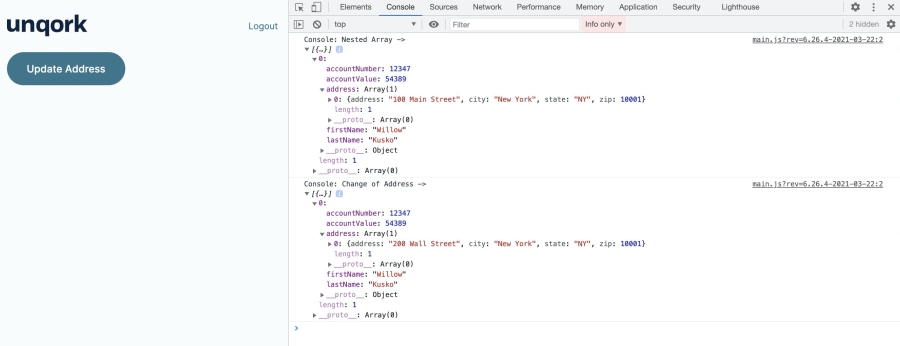 Static image displaying the Nested Array operator use case data in the DevTools Console.
