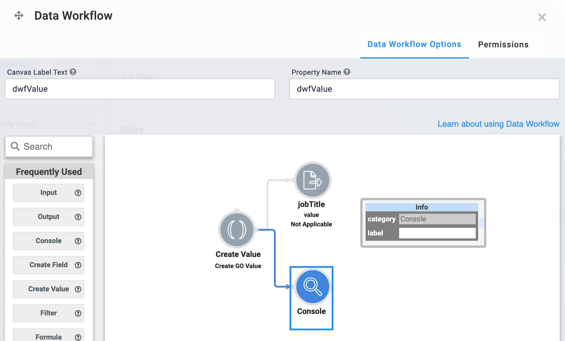 A static image of the Data workflow's configuration