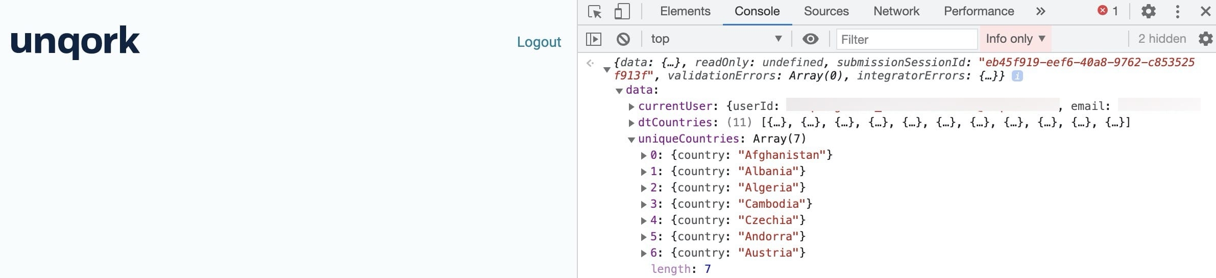 A static image displaying the distinct data in the DevTools Console in Express View.