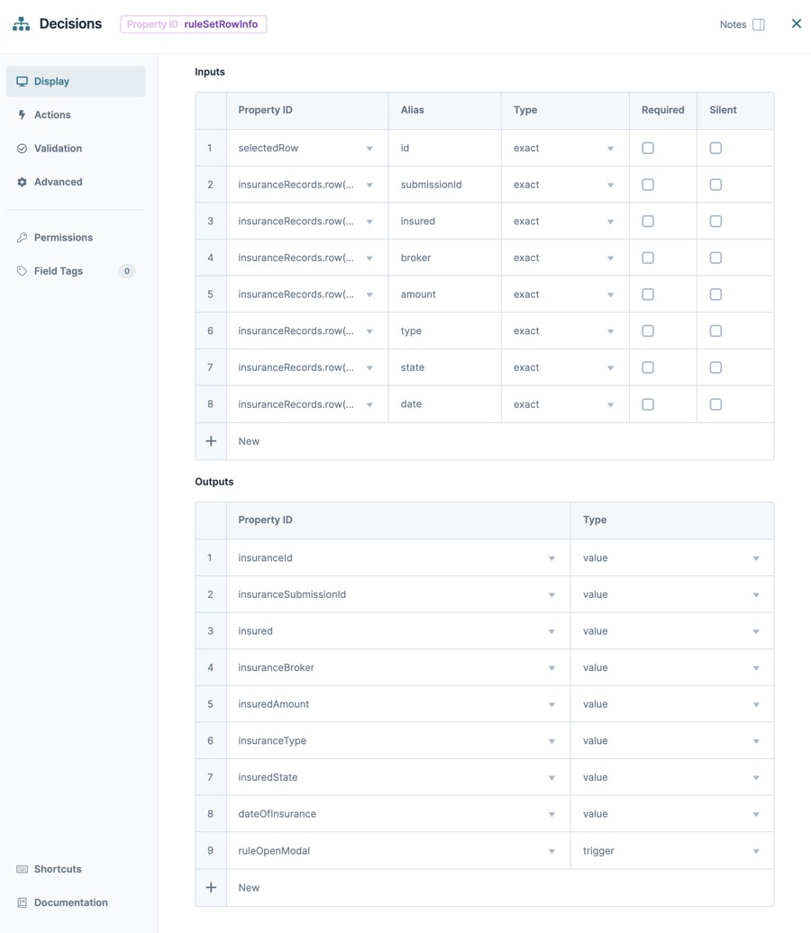 A static image displaying the Decisions component's configuration settings for Input and Output tables.