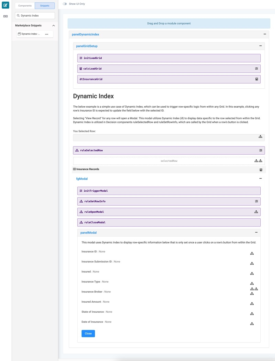 A static image displaying the Dynamic Index Snippet in the Module Builder.