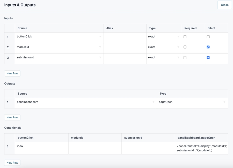 Static image of the Inputs and Outputs configuration of the ruleButtons Decisions component.