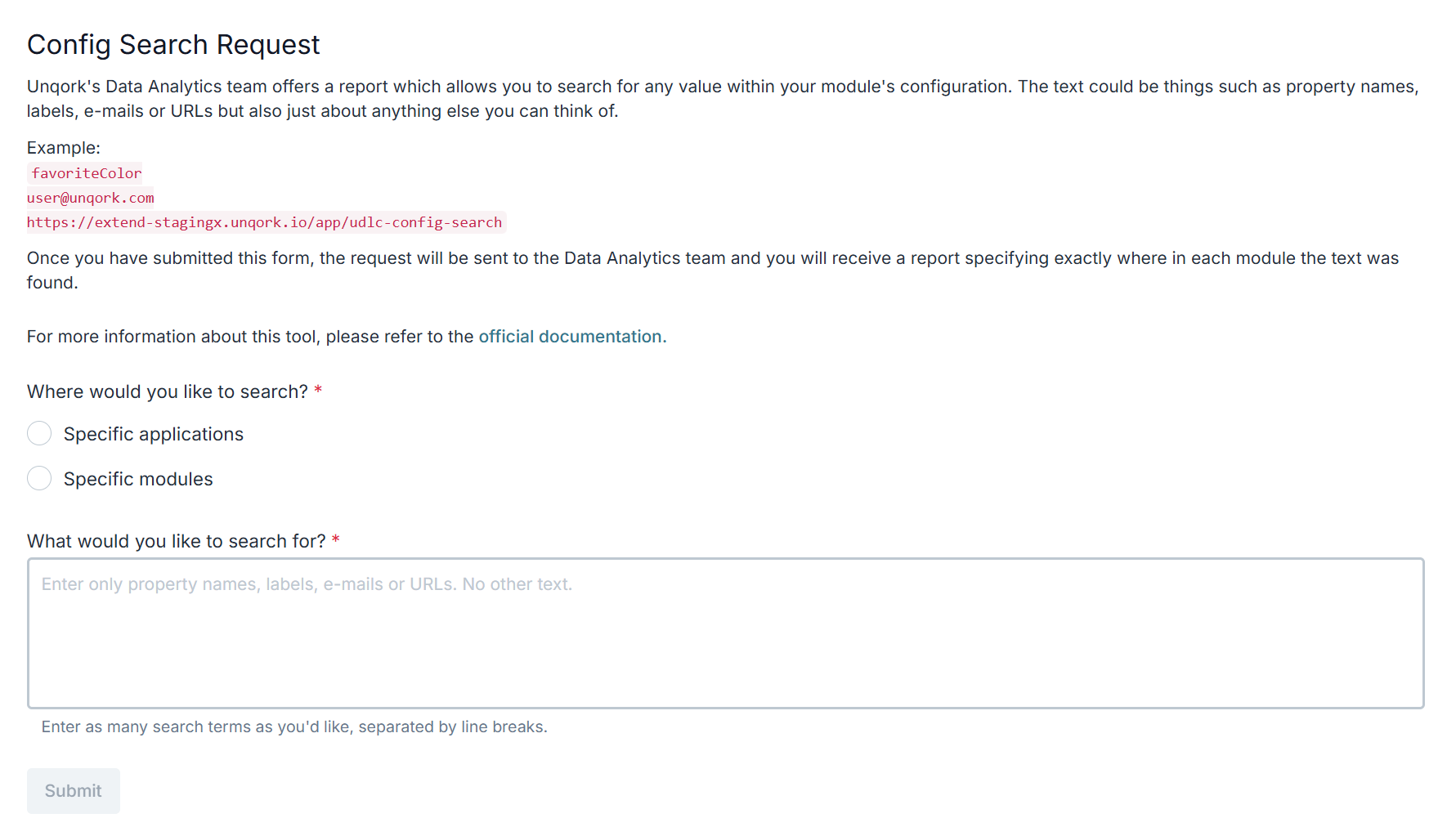 A image showing a Config Search Request Tool screen. 