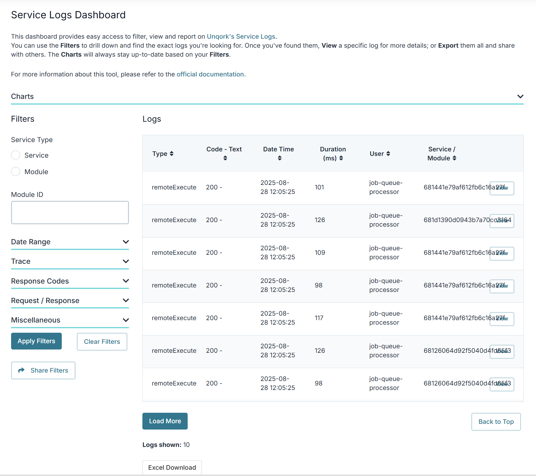 A image showing Service Logs Dashboard tool screen. 
